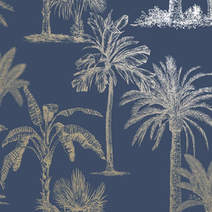 DUTCH WALLCOVERINGS Carta da Parati Alberi Tropicali Blu e Argento 437420