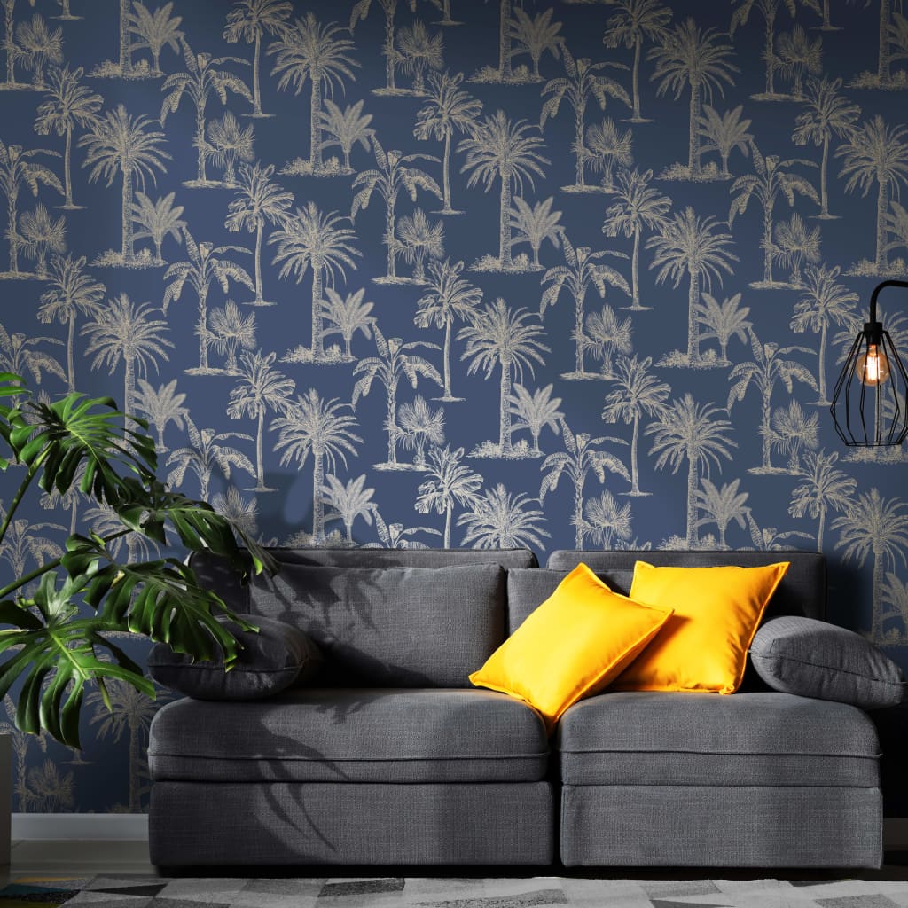 DUTCH WALLCOVERINGS Carta da Parati Alberi Tropicali Blu e Argento 437420