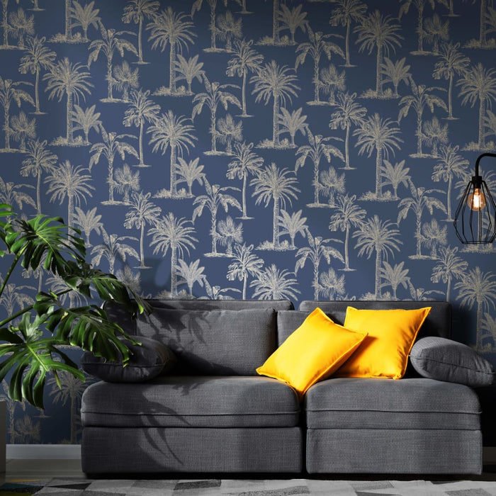 DUTCH WALLCOVERINGS Carta da Parati Alberi Tropicali Blu e Argento 437420