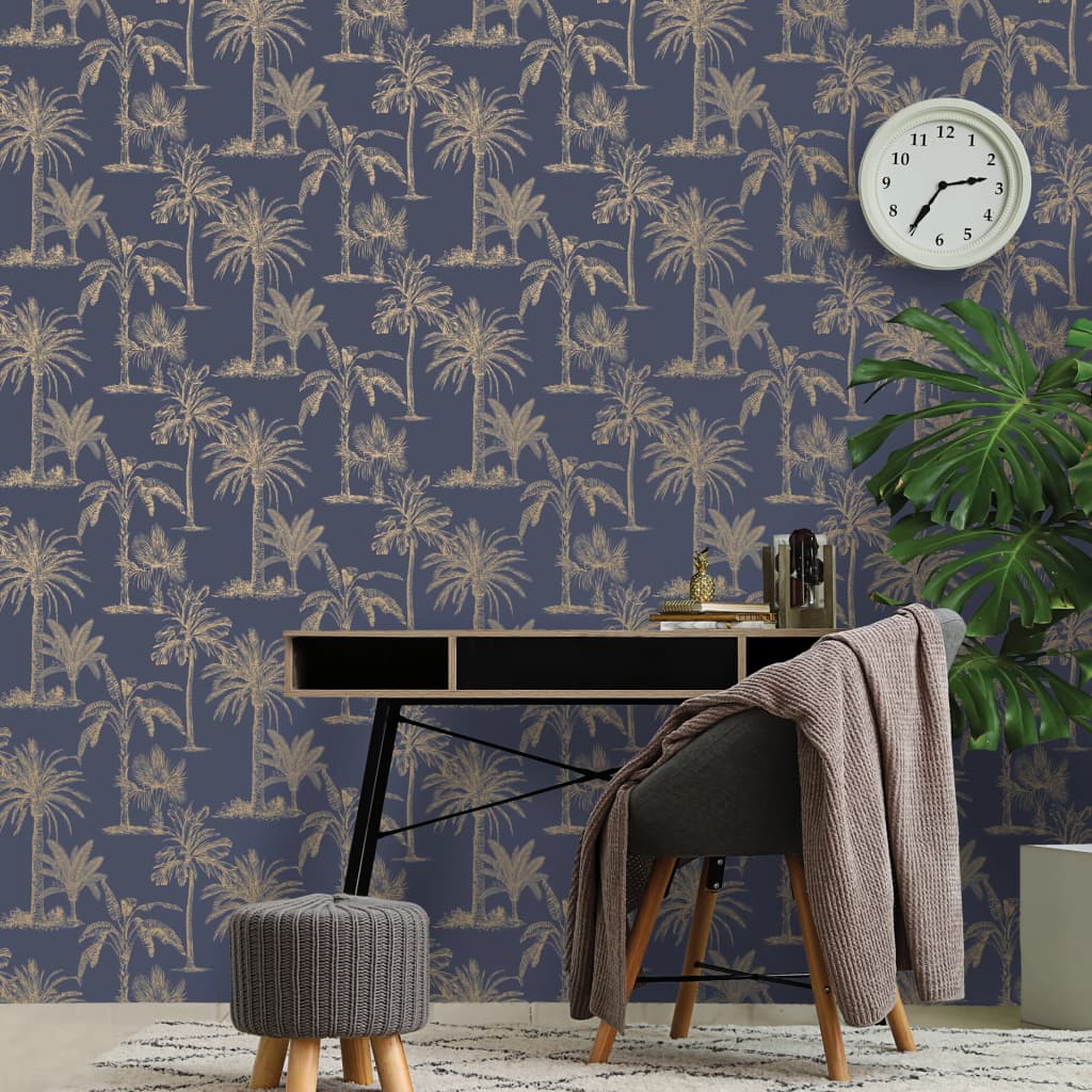 DUTCH WALLCOVERINGS Carta da Parati Alberi Tropicali Blu e Argento 437420