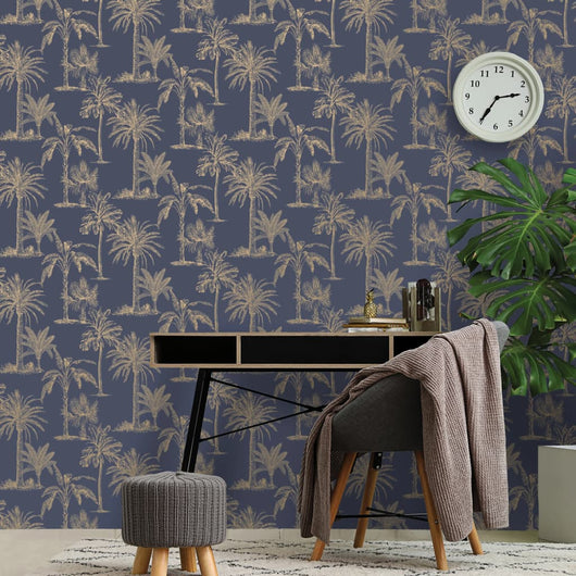 DUTCH WALLCOVERINGS Carta da Parati Alberi Tropicali Blu e Argento 437420
