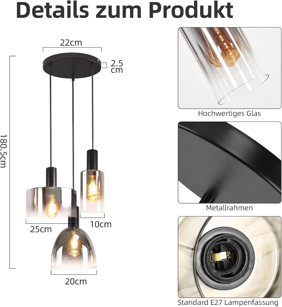 ZMH Lampada a Sospensione 3 Luci E27 Vintage Vetro Fum¨¦ Altezza Regolabile per Cucina Camera Senza Lampadina