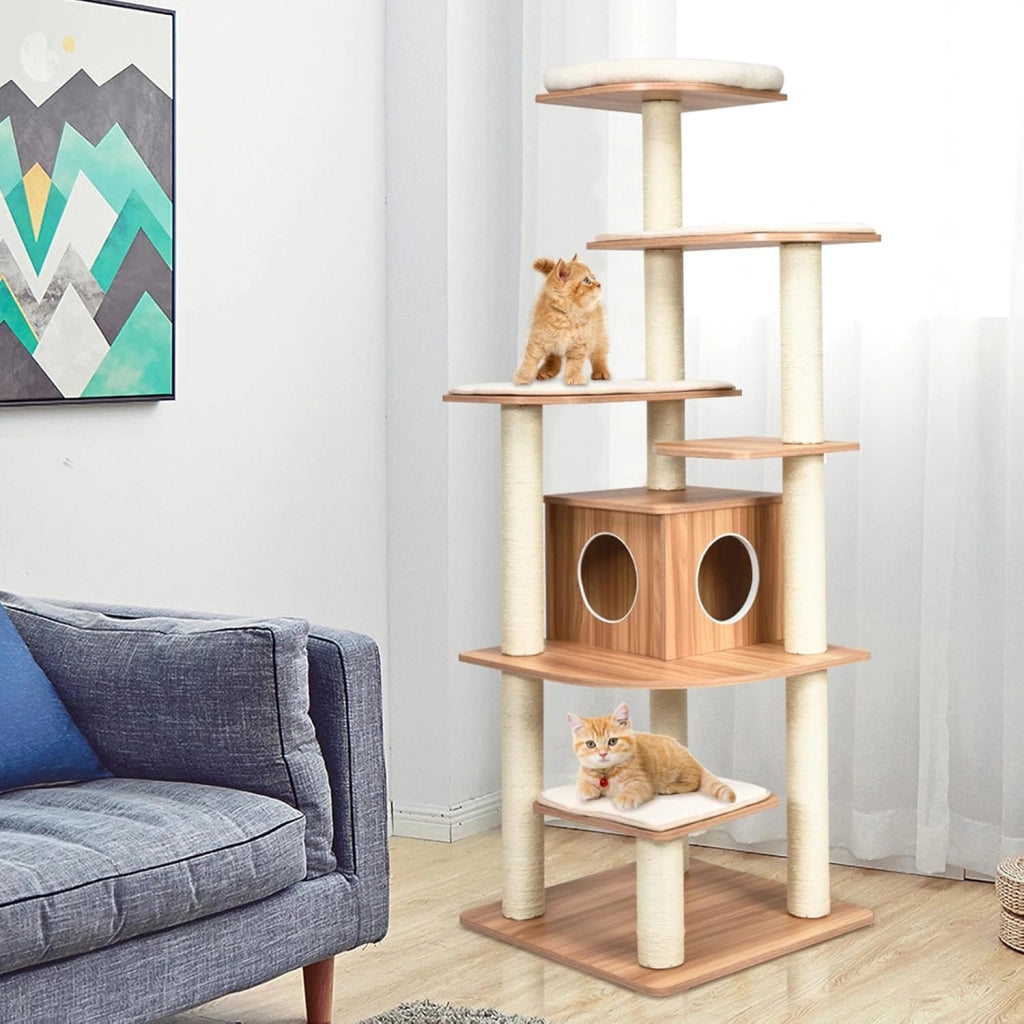 Tiragraffi per Gatti 176cm, Albero per Gatti Adulti XXL con Corda Sisal, Cuccia, Piattaforma e Cuscini, 86,5 x 86,5 x 176cm, Nero e Naturale