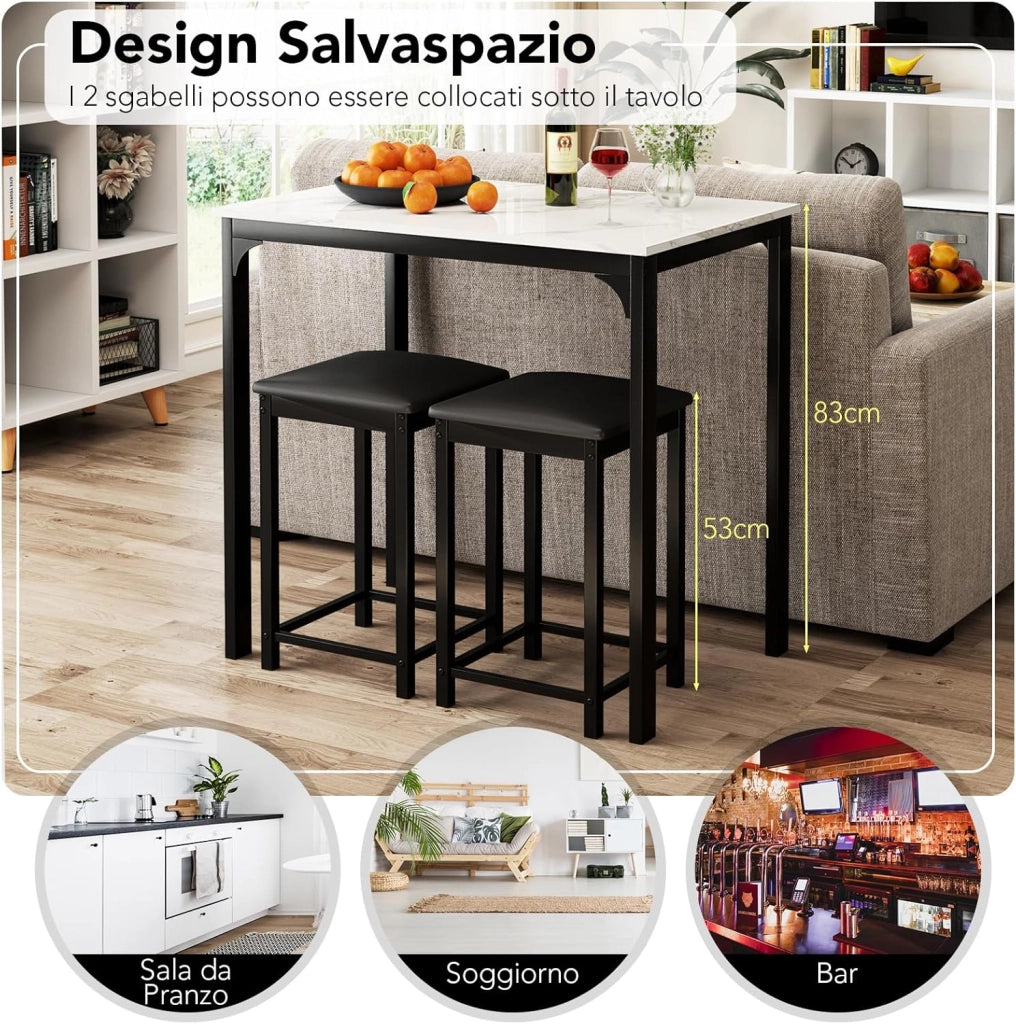 Tavolo Cucina con 2 Sgabelli, Tavolo Alto con 2 Sgabelli Senza Schienale in Similpelle da Cucina, Sala da Pranzo e Soggiorno, Tavolo Bar con Sgabelli Moderno per Spazi Piccoli (Bianco)