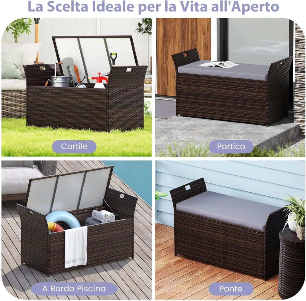 Baule da Giardino 260 L in Rattan PE, Cassapanca Contenitore da Esterno con Cuscino e Maniglie Laterali, per Interni e Esterni, 125 x 56 x 71 cm (Modello 10)
