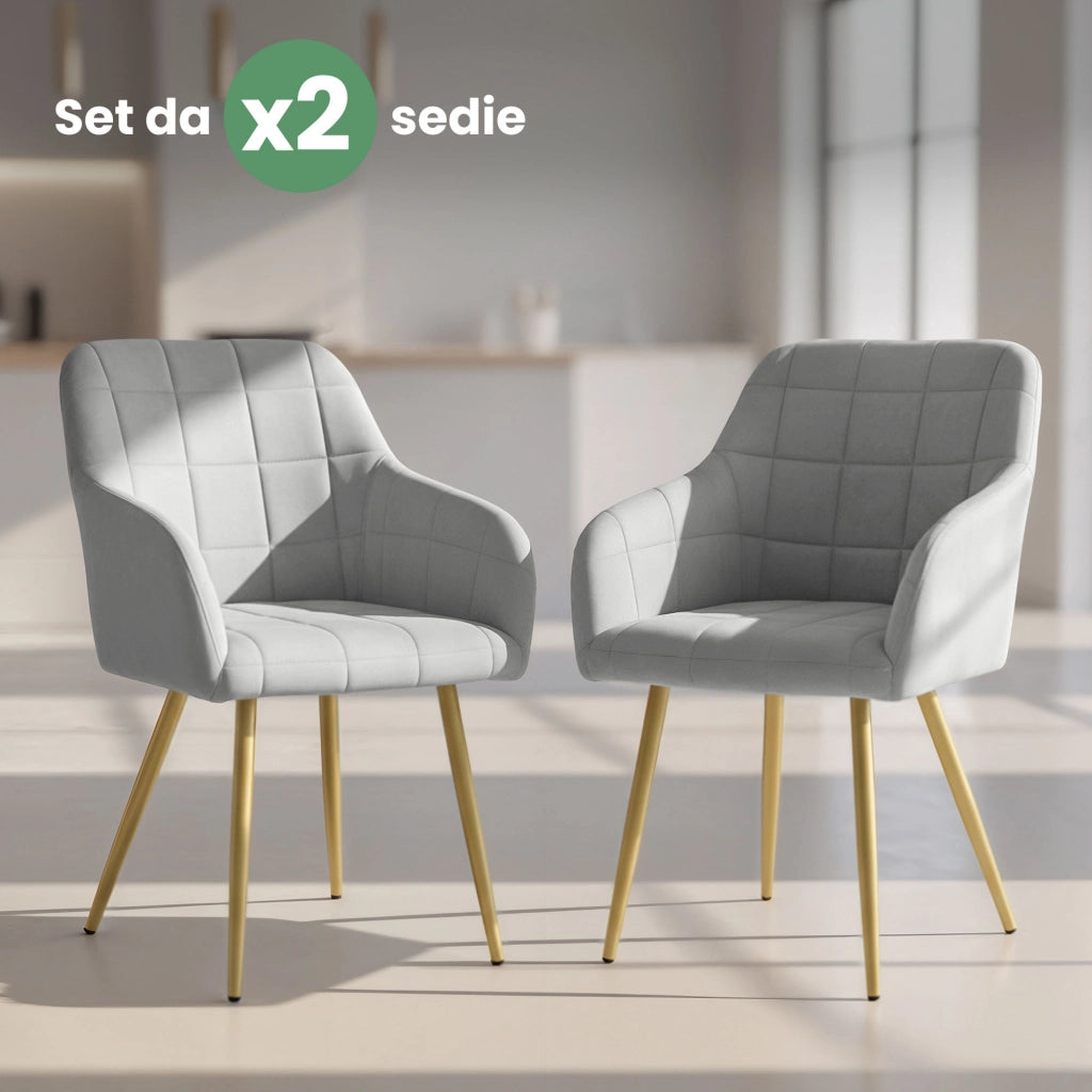 Set di 2 Sedie imbottite con cuciture quadrate LUXANO Grigio gambe oro