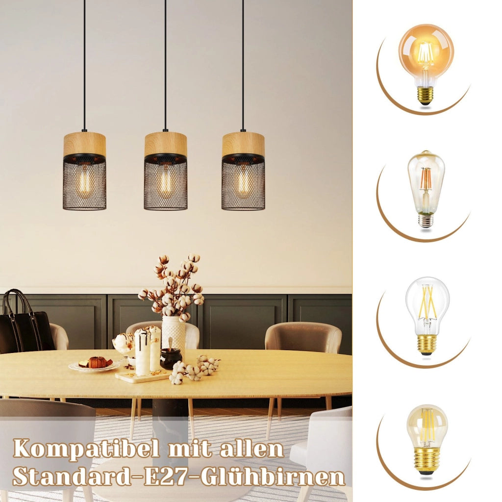 Lampada a sospensione ZMH 3 luci barra legno nero venature per sala da pranzo corridoio e bar