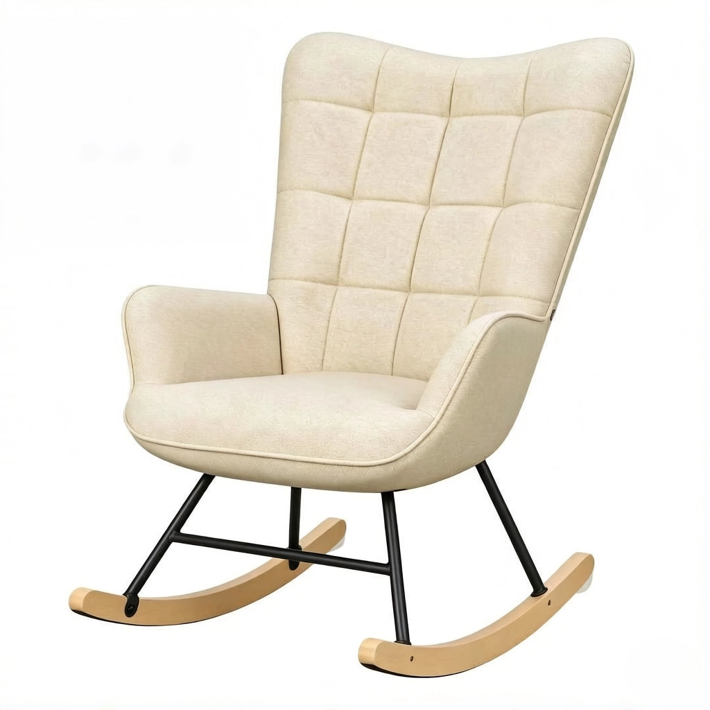 Sedia a dondolo in velluto beige con schienale alto e struttura in metallo e legno