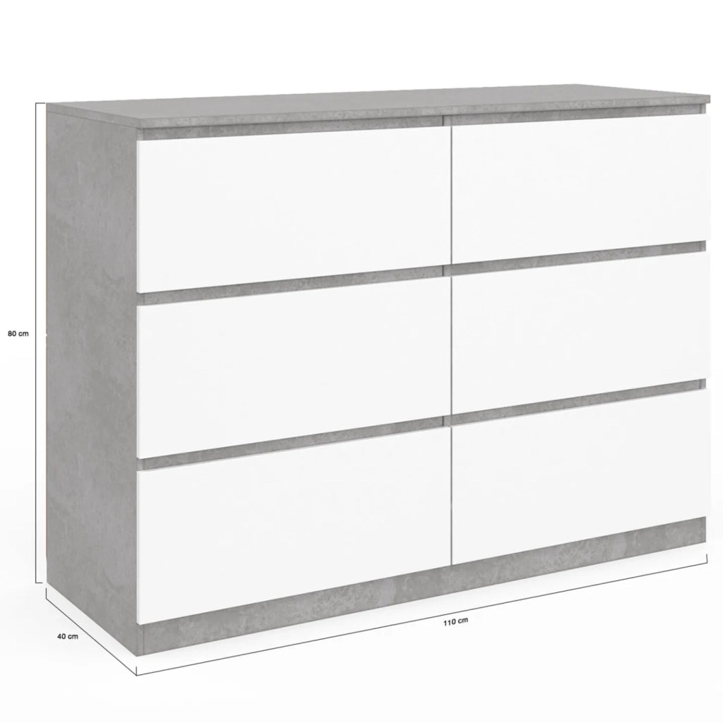 IDMarket - Arcón TOMI 110 cm 6 cajones, blanco y efecto hormigón