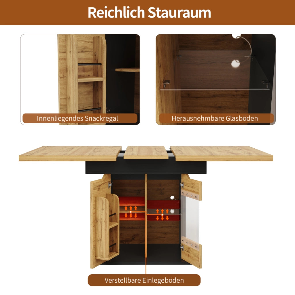 TAVOLO da pranzo allungabile 110-140x80 cm MDF Vetro Nero+Naturale