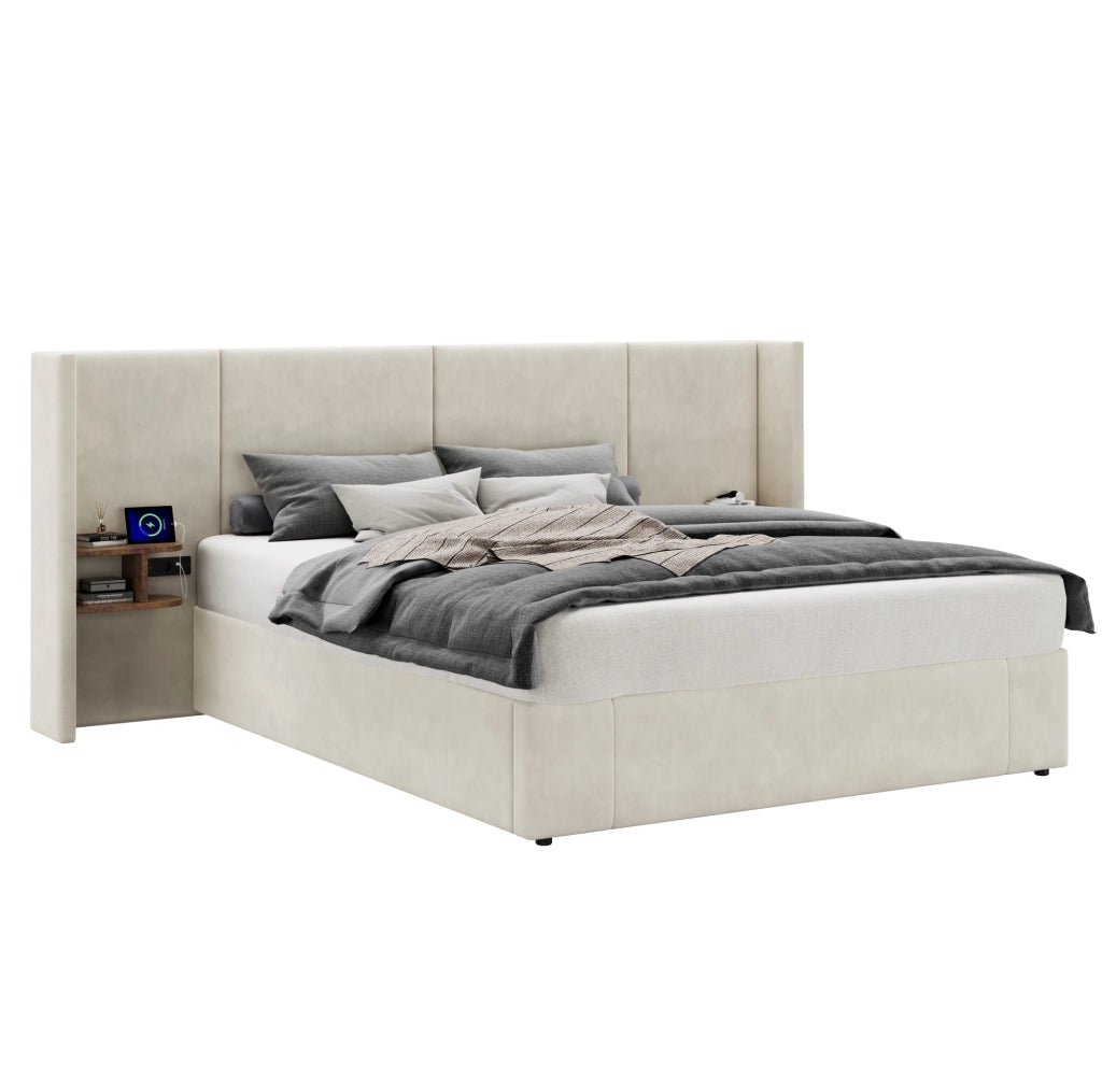 Letto matrimoniale 160x200 cm in velluto beige con contenitore idraulico; 2 comodini e USB
