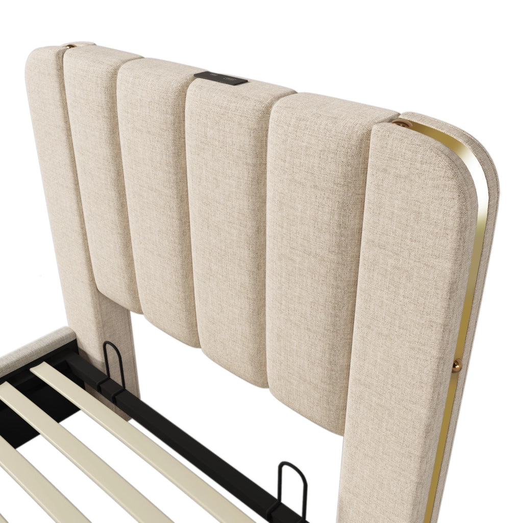 Letto singolo imbottito ULEVR 90x200 cm con vano contenitore idraulico, USB e Type-C, lino beige