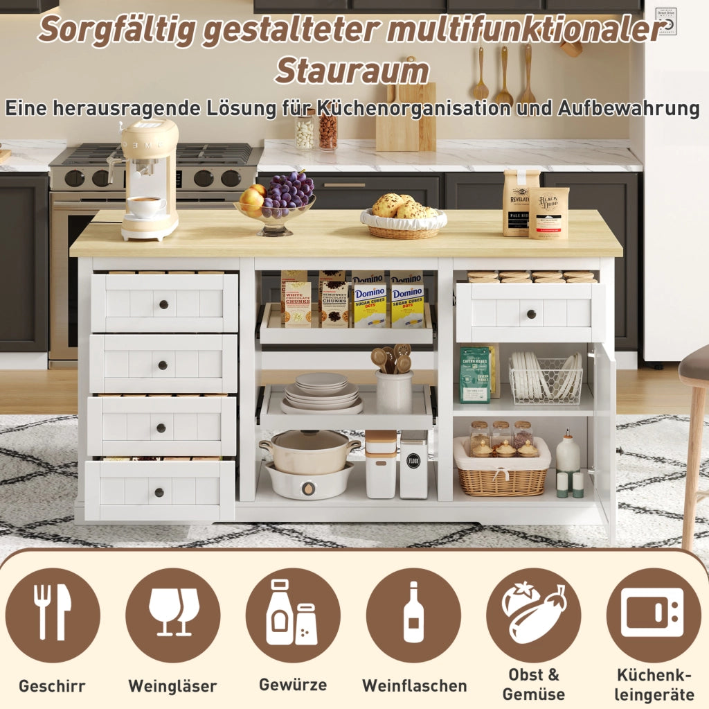 Isola cucina freestanding 150x65x75;5 cm bianco naturale con 5 cassetti e prese