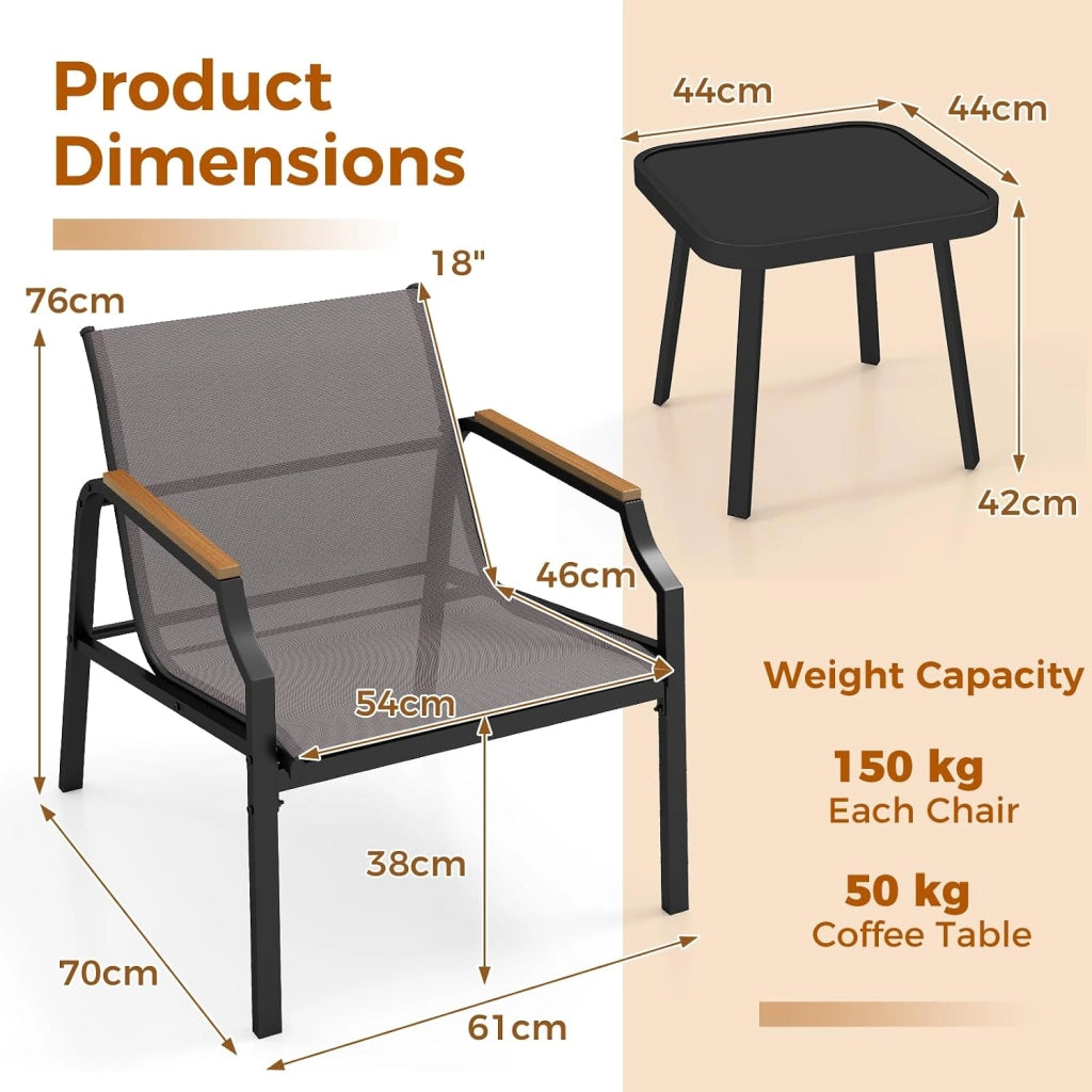 Set di 3 mobili da giardino con struttura in metallo stabile e tessuto traspirante, set da giardino con 2 sedie e tavolo, set da salotto per terrazza e balcone