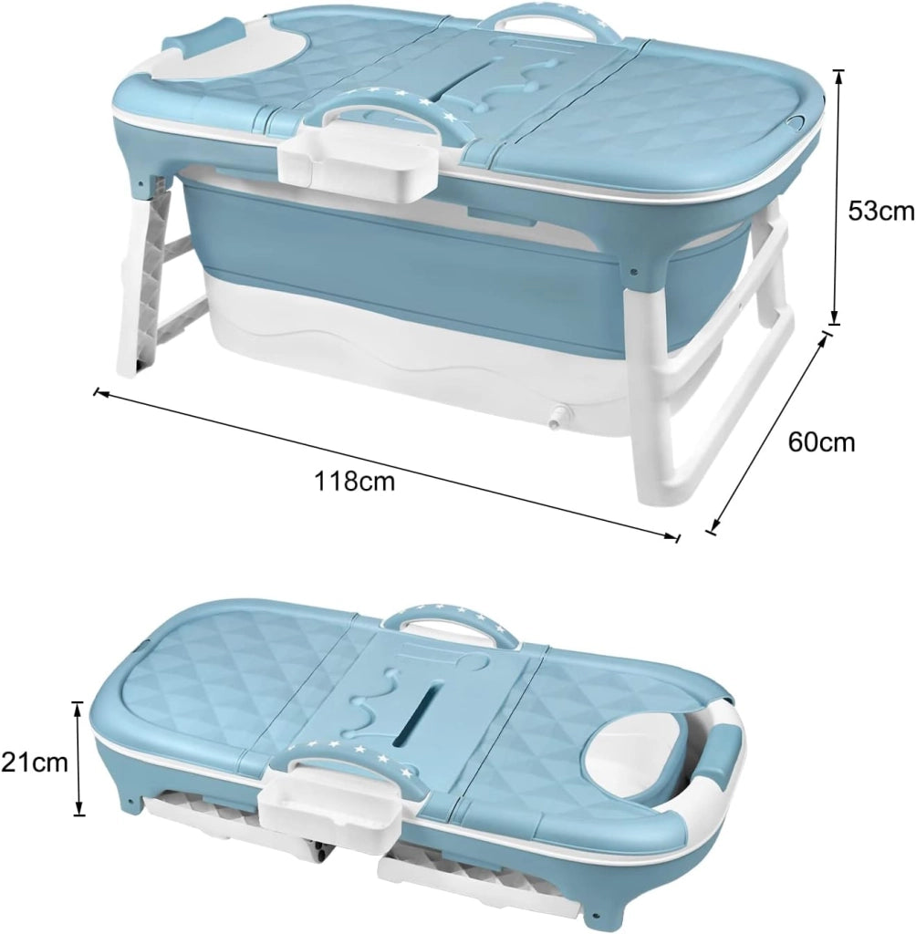 Vasca da bagno pieghevole per adulti, 118 x 60 x 53 cm, con copertura e cestino, mobile pieghevole, autoportante per bagno, doccia e balcone, blu