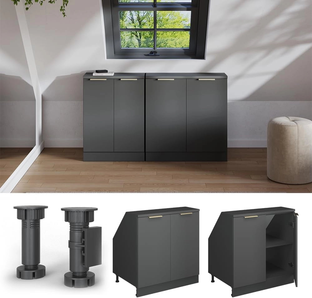 Mobile sottotetto Rion, Antracite-oro, 80 x 81.6 cm con 2 porte, carcassa 60 cm profondità, adatto per il salvaspazio sotto tetti spioventi