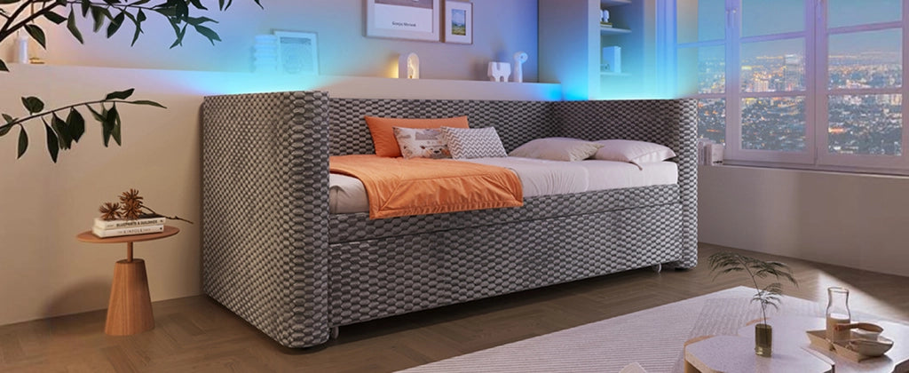 DESMIU Divano letto 90 × 200 cm 2 posti con LED, 180 × 200 cm, senza materasso, in velluto, grigio