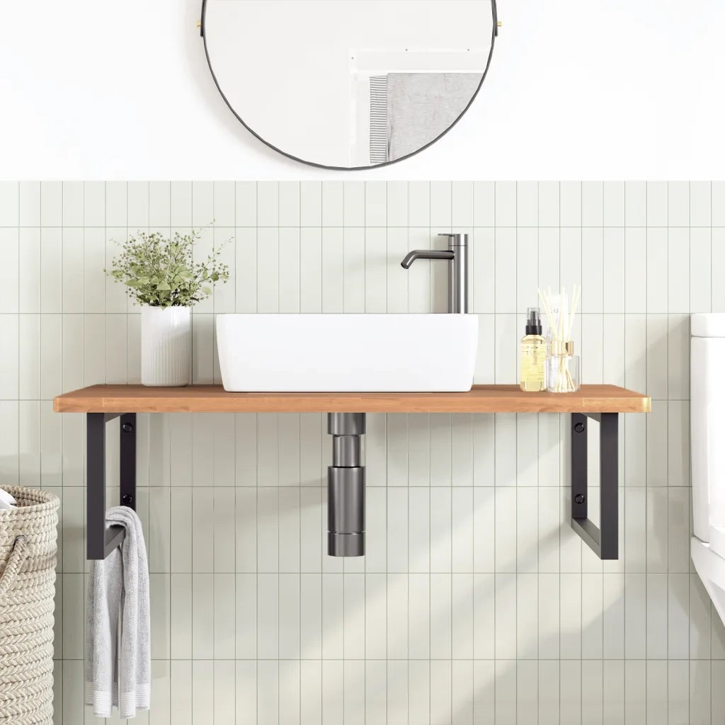 Ripiano a Parete per Lavabo-Mensole a Muro in Acciaio e Massello di Faggio 699802