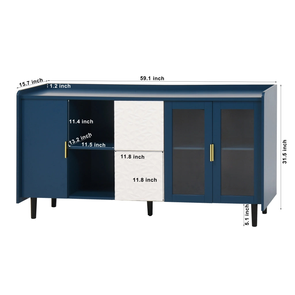 Credenza da cucina con 2 Cassetti; 2 Vani aperti e 2 Ante in vetro per Cucina in MDF Blu