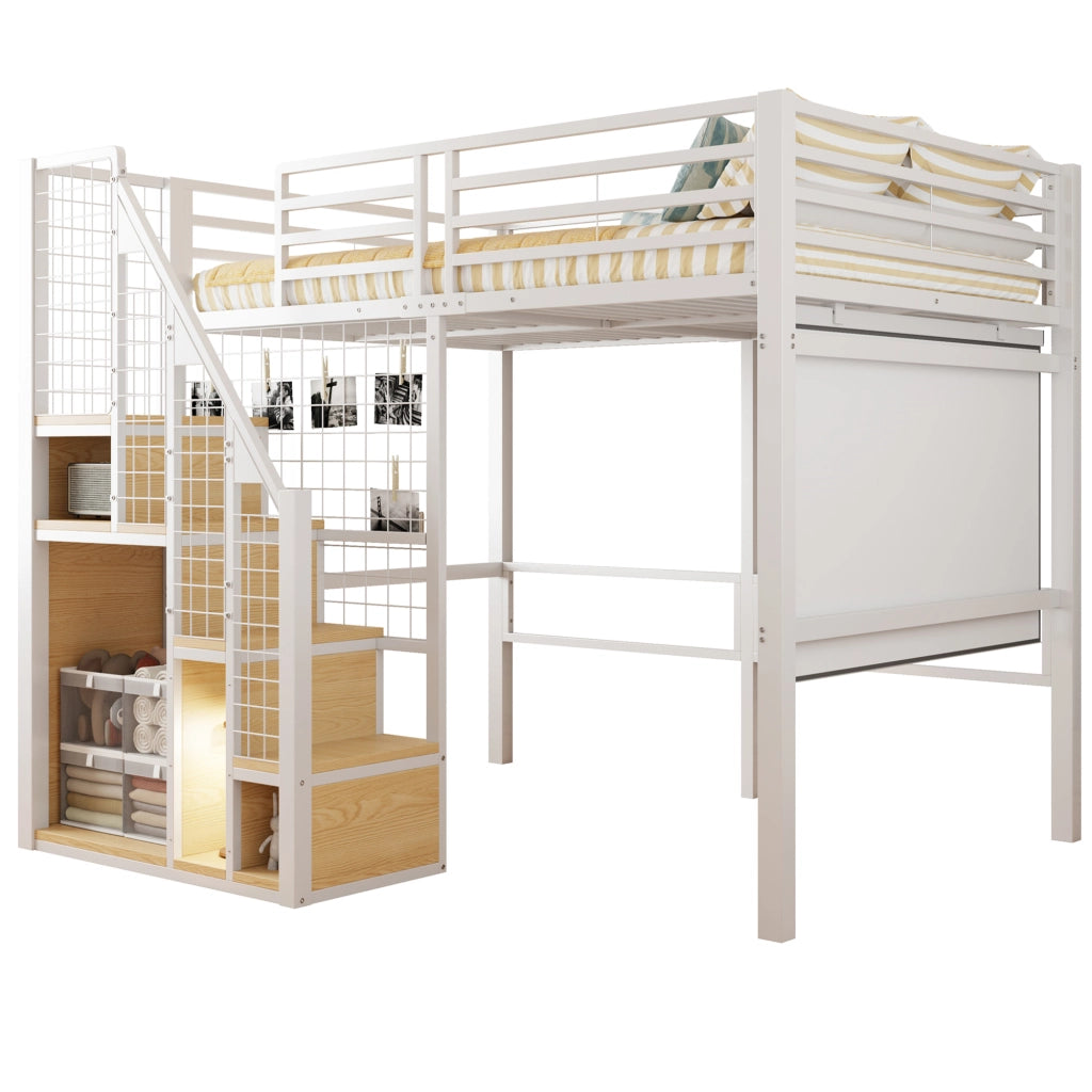LETTO A CASTELLO 140x200 in metallo bianco con scala e ripiani
