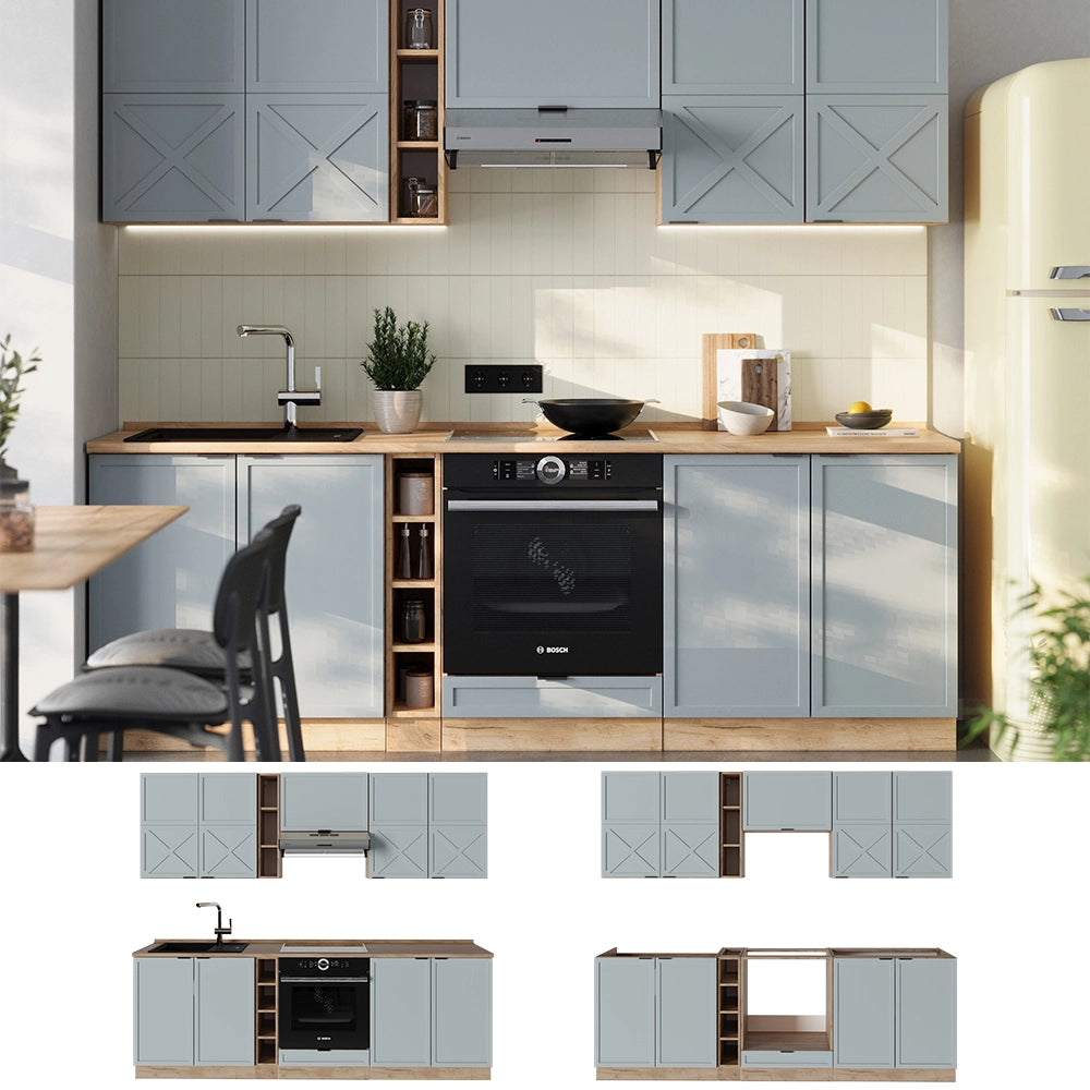 Cucina componibile Fame-Line Blu-grigio chiaro/Rovere dorato 235 cm, PL Antracite Vicco