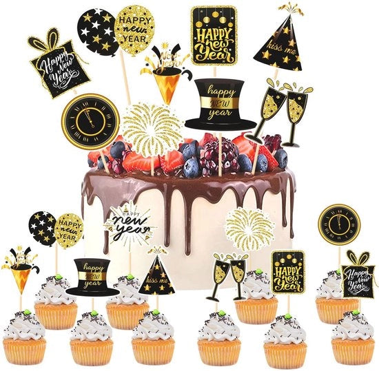 Decorazioni per Cupcake 20 pezzi - Decorazioni per la Vigilia di Capodanno - Decorazioni per un Felice Anno Nuovo - Decorazioni in Carta Alta Qualità - Nero e Oro