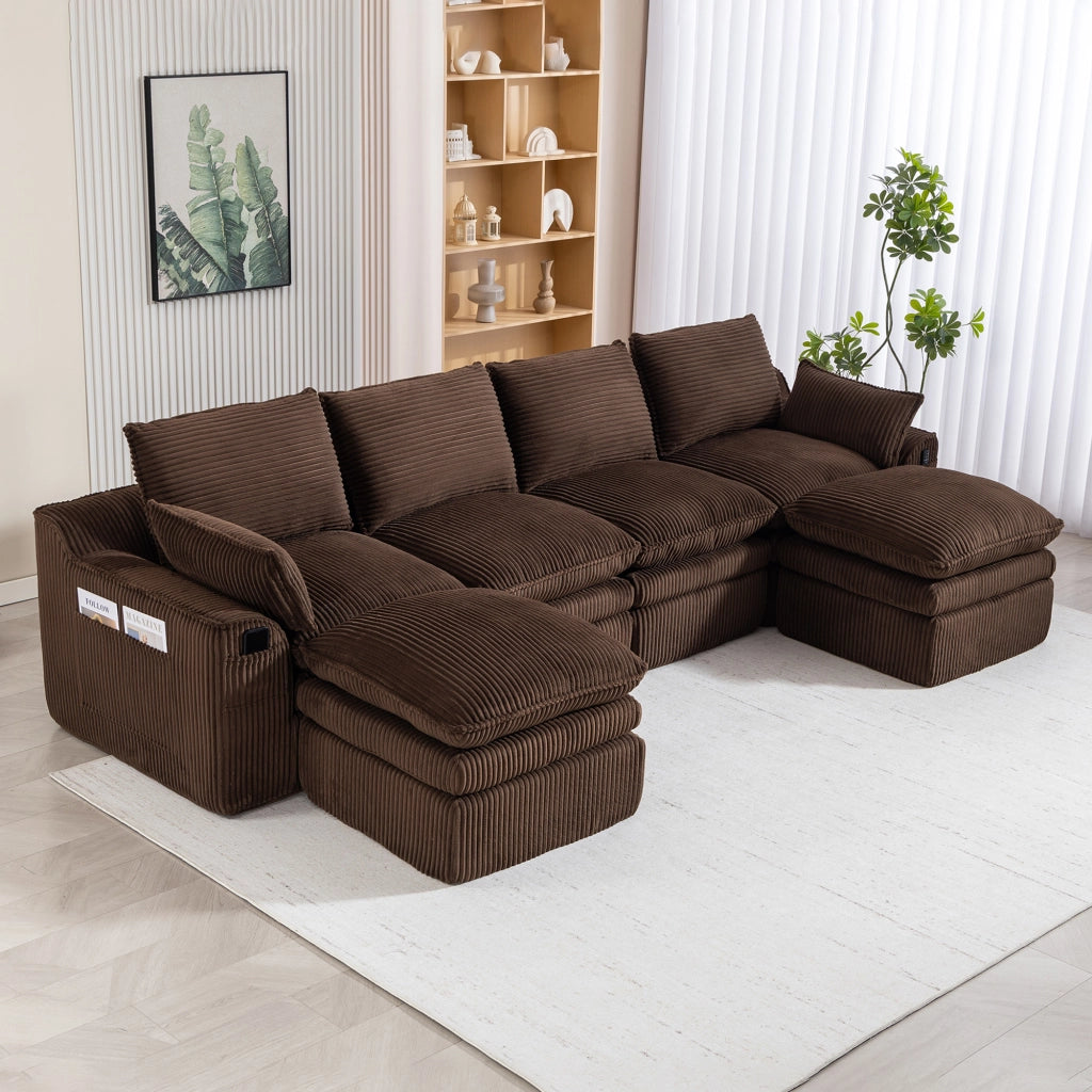 Divano modulare 4 posti in tessuto a coste con cuscini e tasche laterali e comfort a molle marrone 335 × 167 × 85 cm