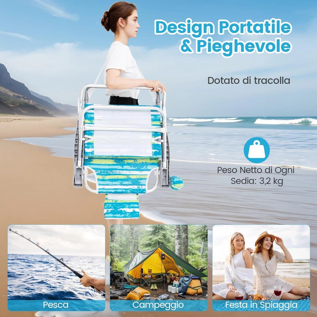 Set di 2 Sedie Pieghevole da Spiaggia, Lounge Sdraio con 5 Posizioni Regolabili, Poltrona da Mare con Cuscino, Porta Asciugamano, Braccioli & Portabicchieri, Portata 150 kg (Verde)