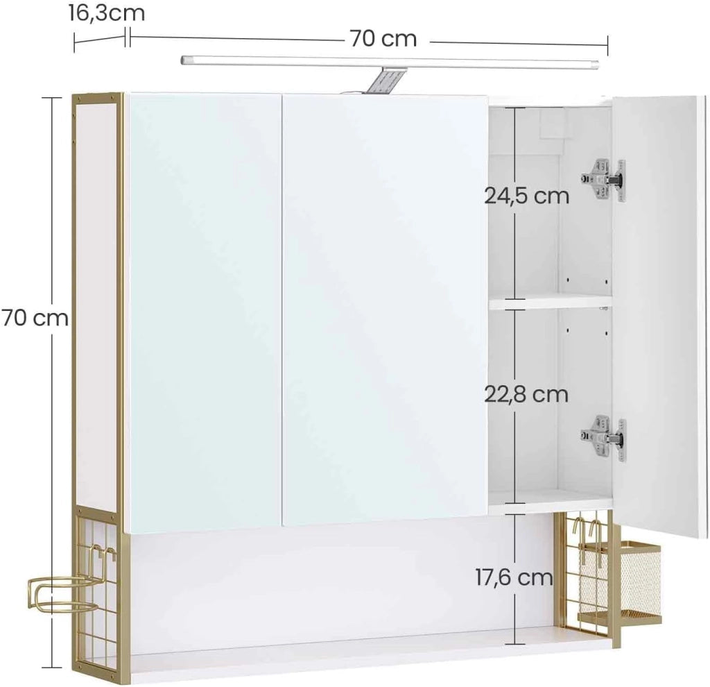 VASAGLE Armadietto da Bagno con Specchio e 3 Ante, Mobile a Parete, Cestino, Porta Asciugacapelli, Capiente, Mobiletto Bagno da Muro, Bianco Nuvola e Oro Verde Chiaro BBK124A10