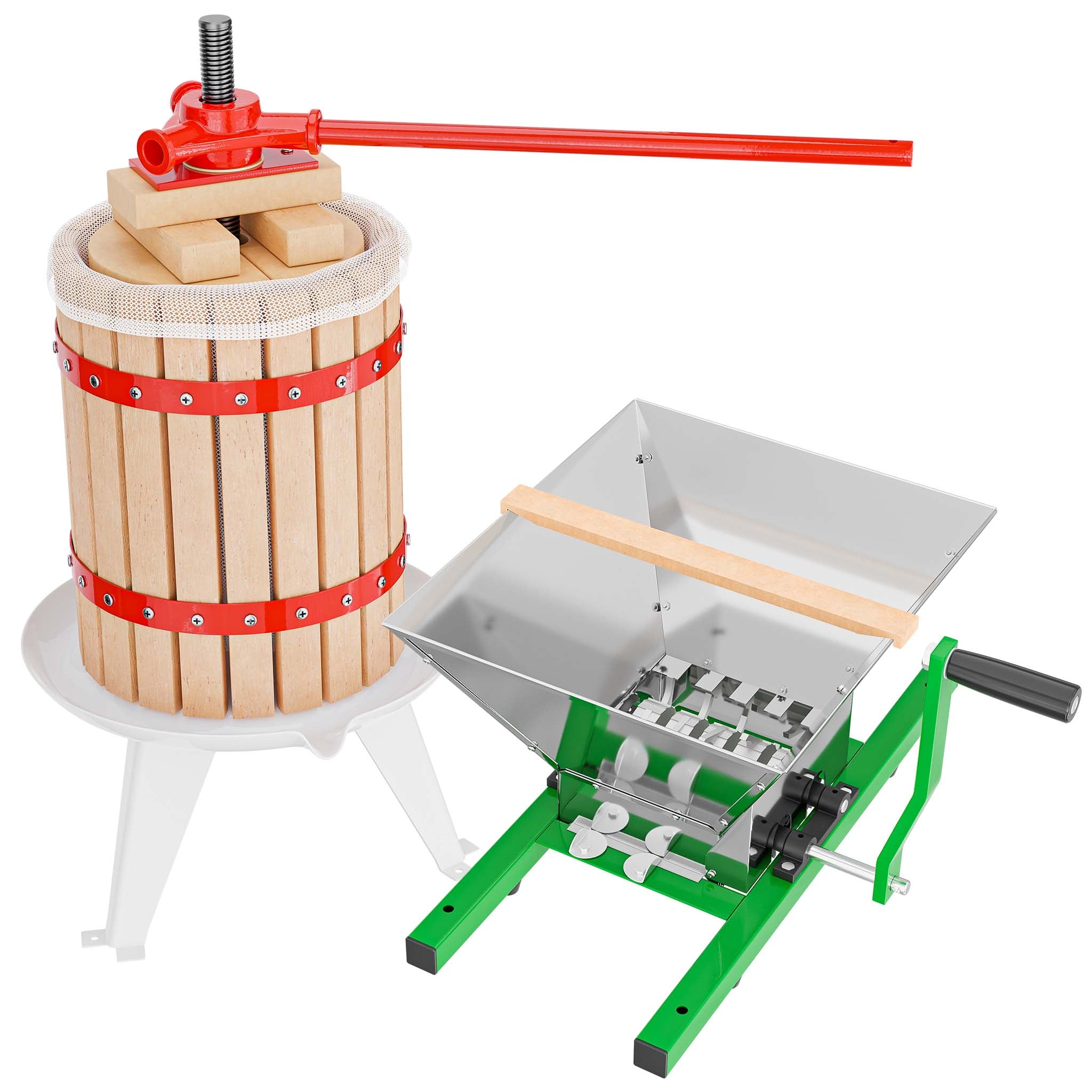 Set Mulino macina frutta 7 l e Torchio frutta 6 l con gabbia in legno e scacco di spremitura