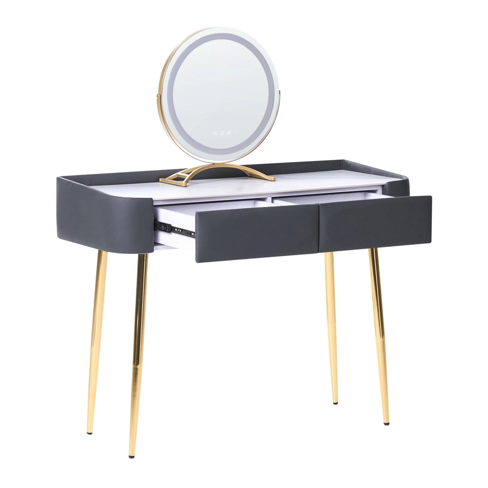 Toeletta con 2 cassetti specchio LED grigio e oro con sgabello camera da letto elegante