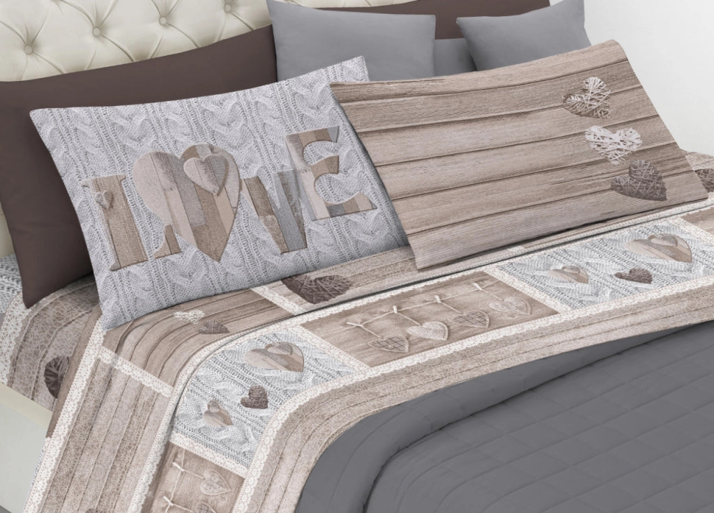 Completo Lenzuola Linea Pensieri Delicati 100% Cotone Disegno Shabby Love - Piazza E Mezza - Beige