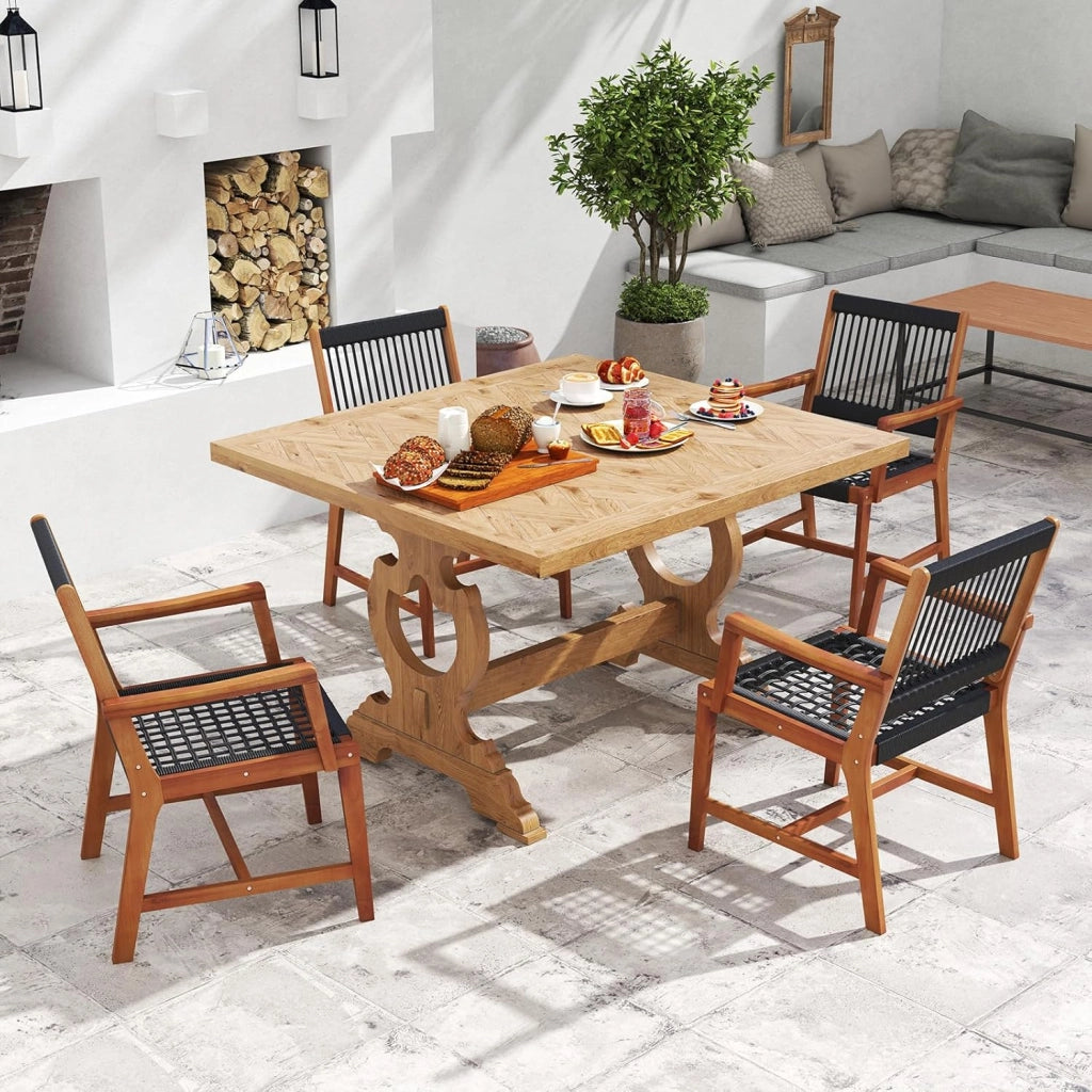 Set di 2 Sedie da Pranzo in Legno di Acacia per Esterno, Sedie da Giardino Intrecciate con Braccioli, Sedia in Legno di Acacia con Tessitura di Corda di Plastica, Capacità di Carico di 160 kg