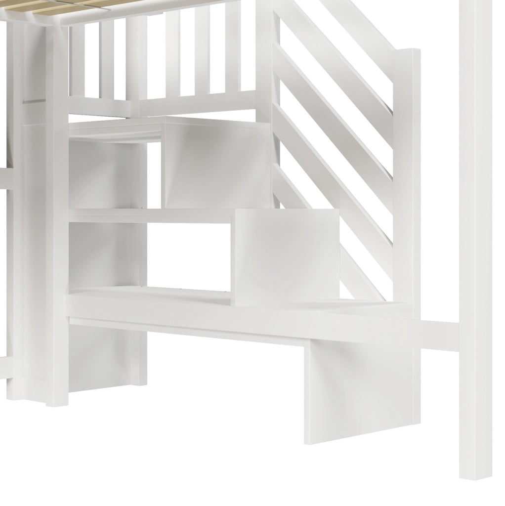 Letto a soppalco 140x200 cm bianco con LED, scala contenitore e spazio inferiore