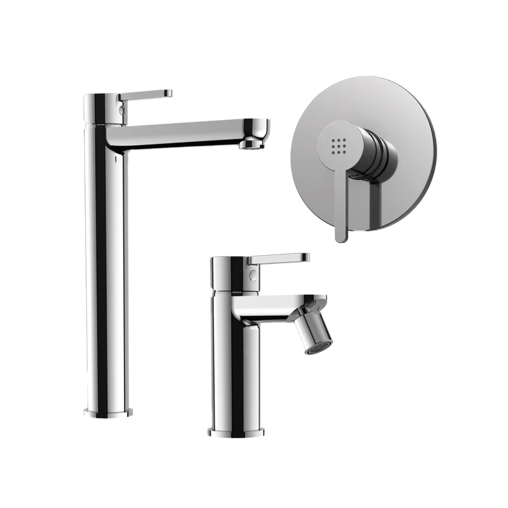 Set miscelatore lavabo alto e bidet senza scarico ed incasso doccia in ottone cromato | Virna