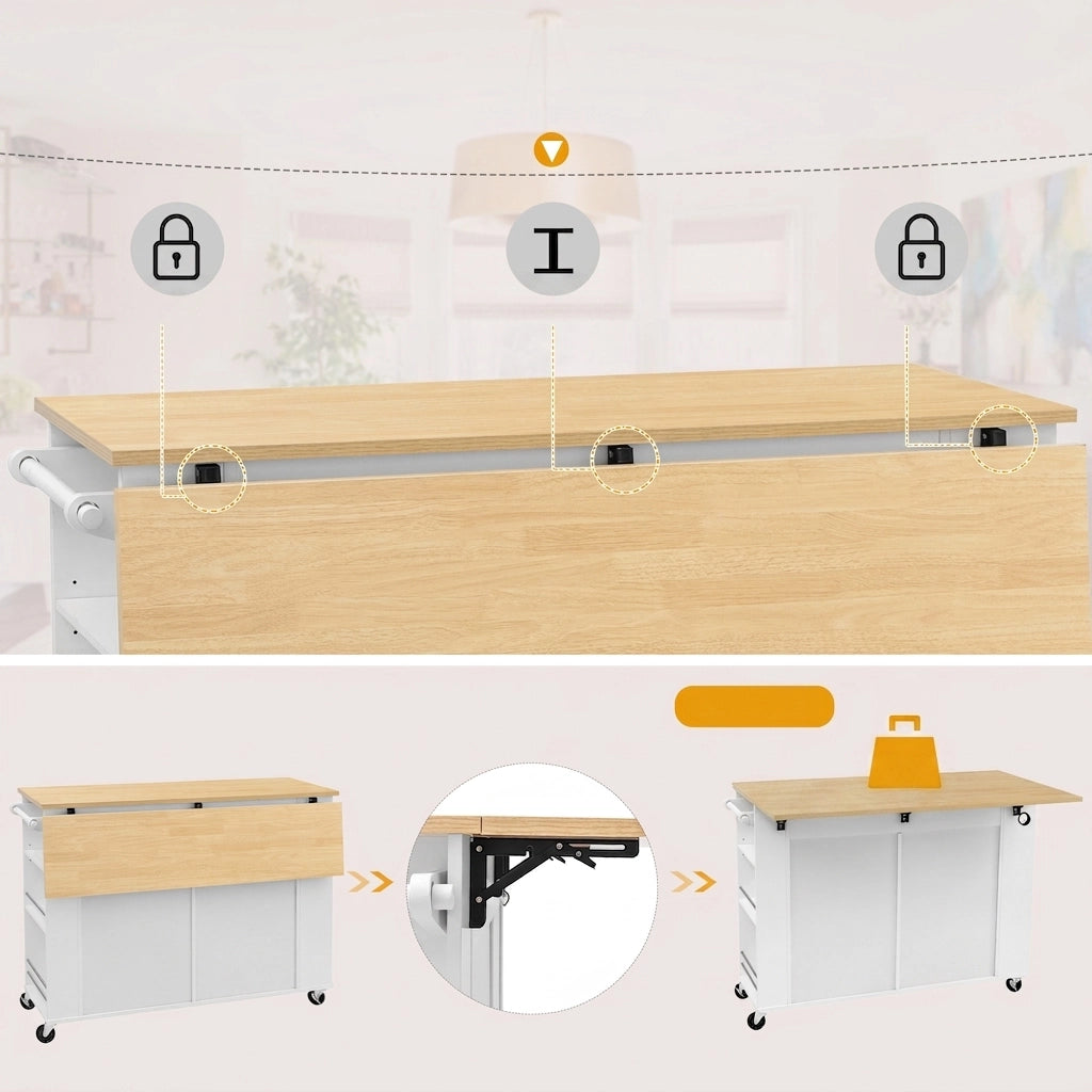 Isola Cucina Mobile con Piano Estensibile 120 cm; Porta Rifiuti; Prese USB; Ripiano Regolabile e Ruote