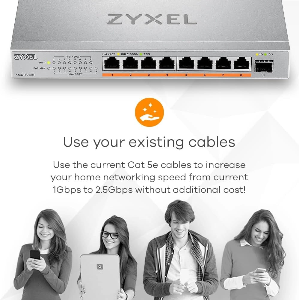 Switch PoE 8 Porte | Unmanaged Multi-Gigabit Switch Ethernet 2.5G | 8x PoE++ Budget 100W + 1x 10Gb SFP+ | Montaggio su Desktop o a Parete [XMG-108HP]