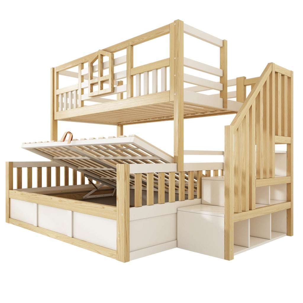 Letto a castello per bambini, 90/140 x 200 cm, con sponde di protezione e spazio contenitivo, bianco e color legno