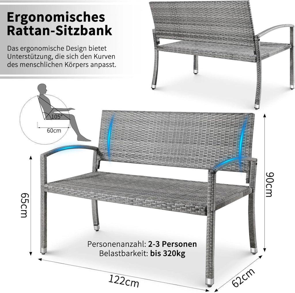 Panca da Giardino in Rattan, Panca da Balcone a 2 Posti, Resistente Alle Intemperie, Bifacciale in Rattan, Sedia da Giardino per Esterno, Terrazze e Balcone, 122x62x90 cm, Grigia