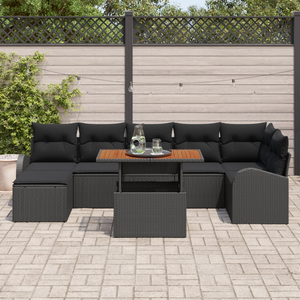 Set di Divani da Giardino da 8 Pezzi con Cuscini Nero Polyrattan