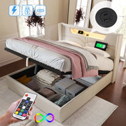 OKWISH Letto Contenitore 140×200 cm, Letto Matrimoniale con USB, Type C e LED Regolabile, senza Materasso, in Lino, Beige