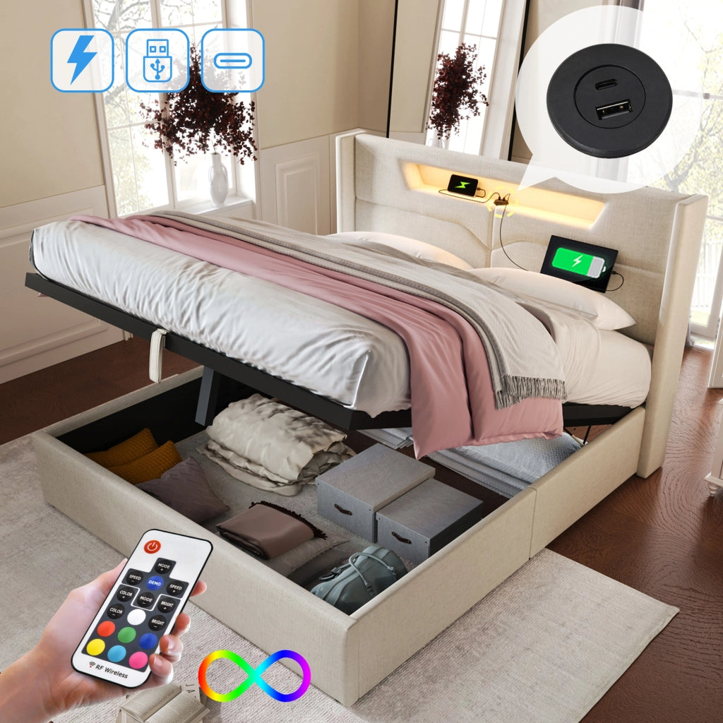 OKWISH Letto Contenitore 140×200 cm, Letto Matrimoniale con USB, Type C e LED Regolabile, senza Materasso, in Lino, Beige