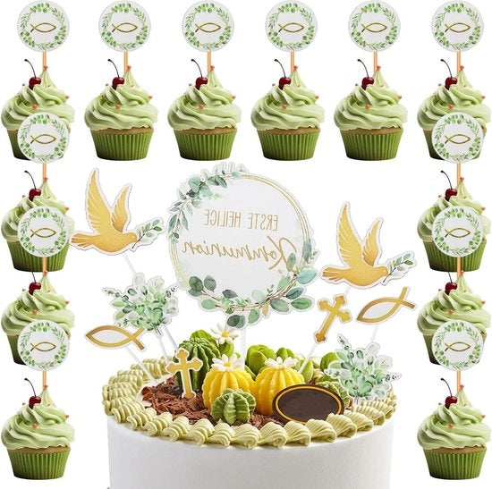 21 confezioni di decorazioni per torta per battesimo, comunione e compleanno - colomba, pesce, crocifisso