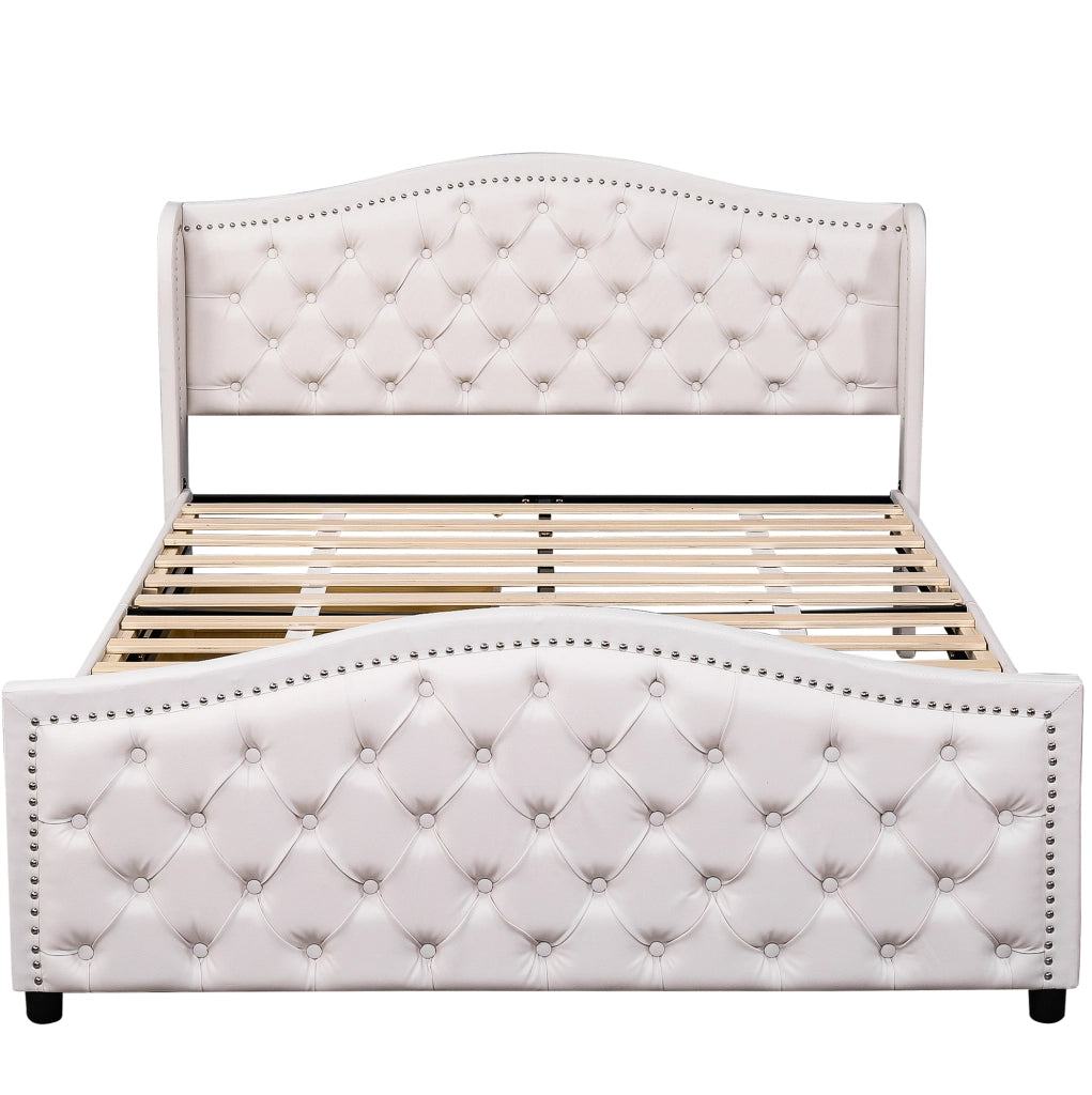 Letto imbottito 160x200 cm; stile Chesterfield con 2 cassetti; PU; bianco (Senza materasso)