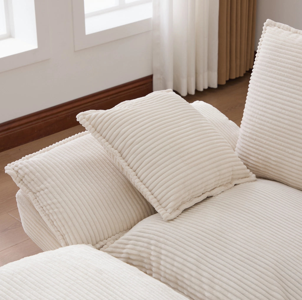 Divano modulare 3 posti con pouf contenitore in corduroy beige; 260 cm; con USB-C