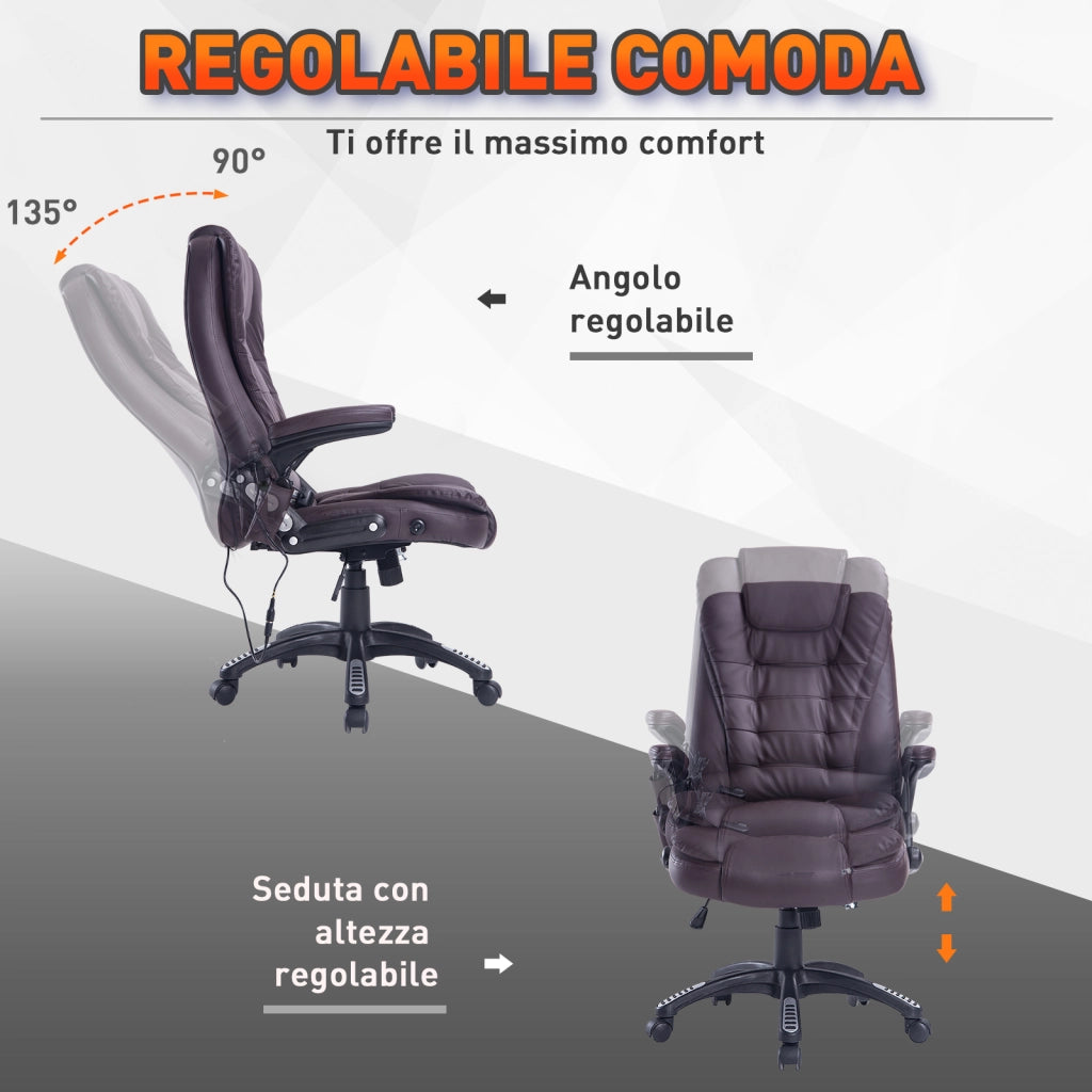 EasyComfort Poltrona Massaggiante da Ufficio ad Altezza Regolabile con 6 Punti Massaggianti, in PU, 62x68x111-121 cm, Marrone