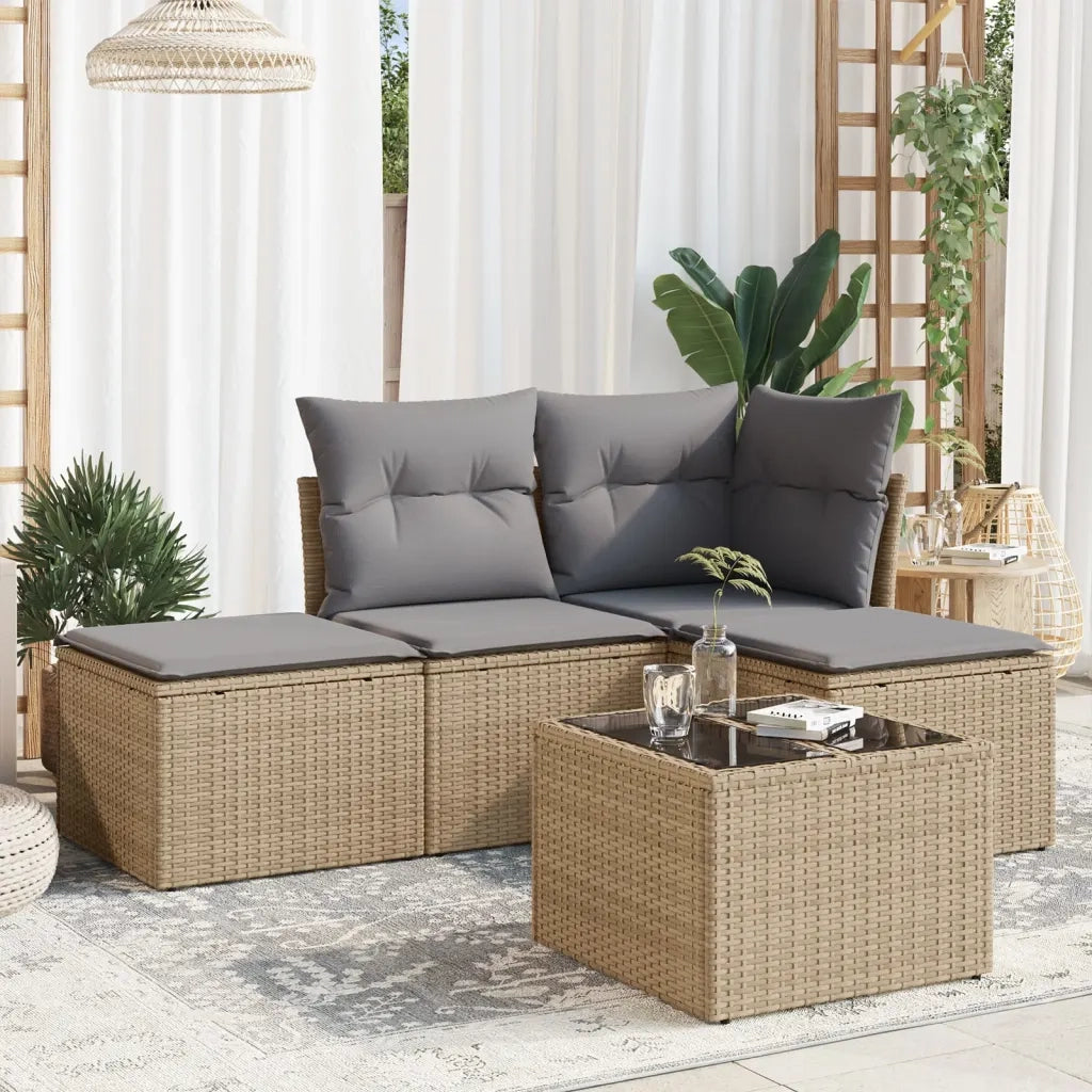 Set Divano da Giardino 5 pz con Cuscini Beige in Polyrattan
