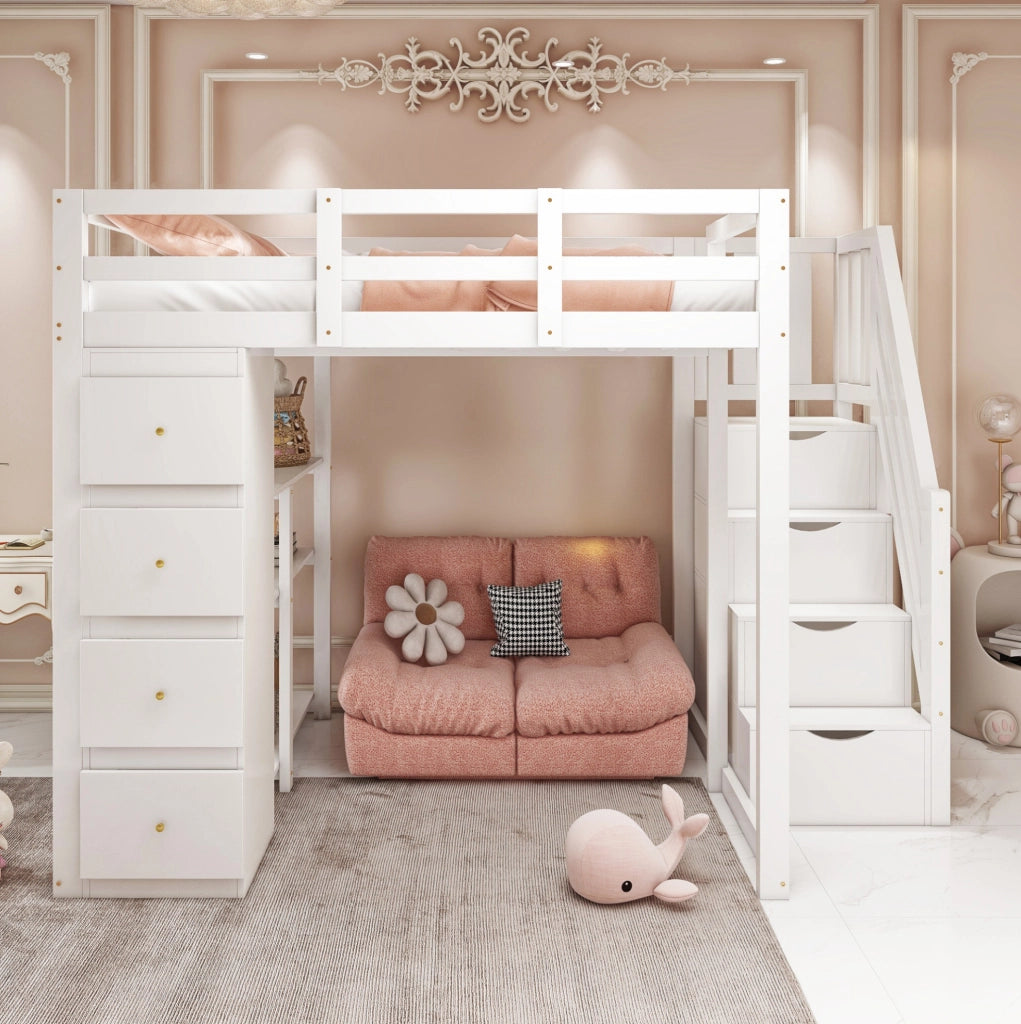 Letto a soppalco 140x200 cm in legno bianco con 4 cassetti; ripiani e scala laterale