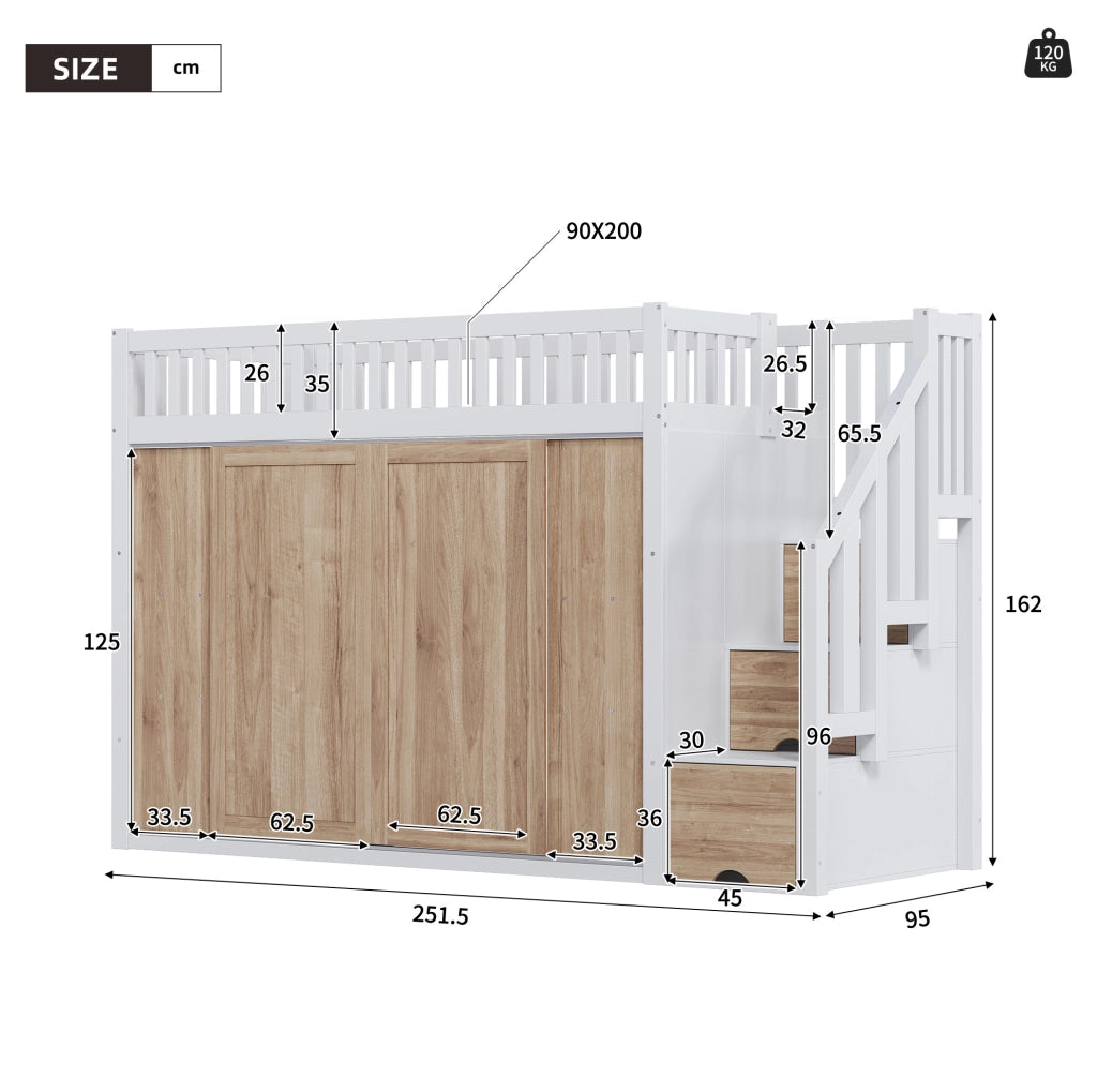 Letto a soppalco per bambini 90x200 cm con armadio e scala contenitore; LED controllabili da app; bianco e rovere