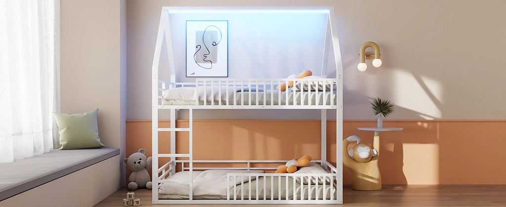 DESMIU Letto a castello casetta 140 × 200 cm 2 posti con LED, senza materasso, in metallo, bianco
